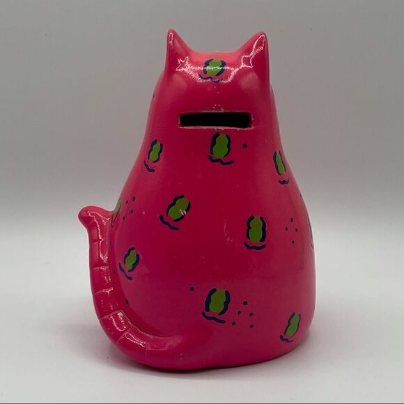 Neon Bright Pink ceramic Cat Bank - Picture 2 of 4